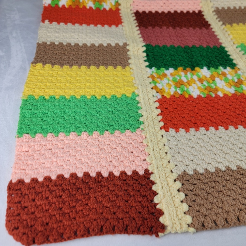 Vintage 60/70's Retro Multicolored Granny Crochet Colorblock Quilt Throw Afghan